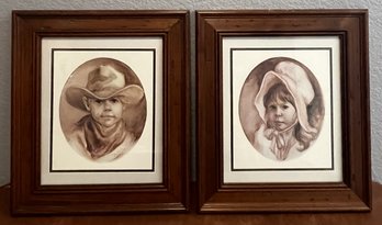 2 Wood Framed Vintage Cowboy & Prairie Girl By Artist Vel Miller - (BU)