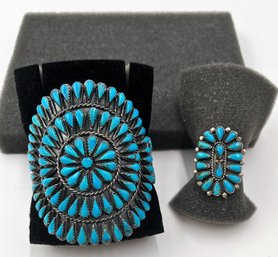 Stunning Vintage Zuni Turquoise Cluster Bracelet With Matching Ring (J13)
