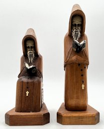 2 Vintage Hand Carved Wooden Monks Reading The Bible - (K3)