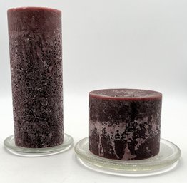 Large Dark Purple Candles On Glass Dishes - (K4)