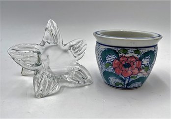 Clear Glass Flower And Ceramic Pot