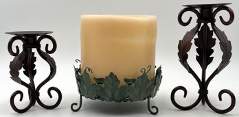 Metal Candle Holders & Large Vanilla Scented Candle - (K4)