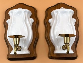 Vintage Porcelain In Wood & Metal Wall Sconce Candle Holder Lot Of 2 - (BR2)