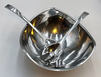 Vintage MCM Nambe Alloy Salad Bowl #528 With Tongs