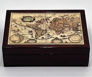 World Map Felt Lined Wood Card Box With 2 New In Packaging Decks Of Cards