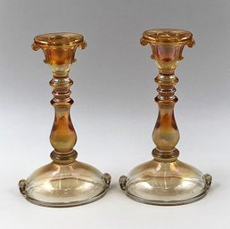 Vintage Pair Marigold Carnival Glass Candlestick Holders