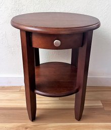 Wood Round End Table With Drawer And Shelf