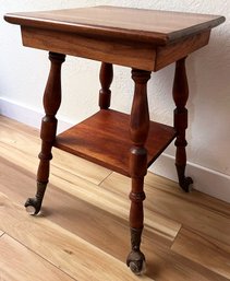 Vintage Wood End Table With Glass Ball And Metal Claw Feet