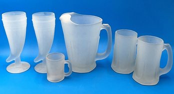 Frosted Glassware Set - Pitcher - 3 Mugs And 2 Powderhorn Mugs