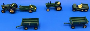 Lot Of 5 John Deere Die Cast Tractors And Wagons - (A5)