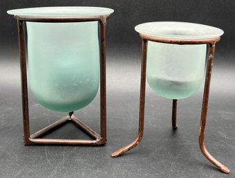 2 Candle Holders With Metal Stands & Frosted Blue Glass - (P)