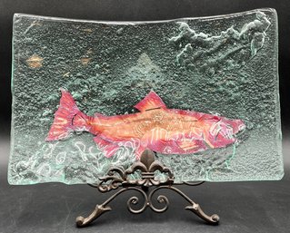 Gorgeous Glass Plate With Decorative Fish On Wrought Iron Stand - (P)