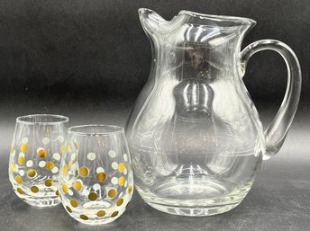 Glass Pitcher With Decorative Stemless Glasses - (P)