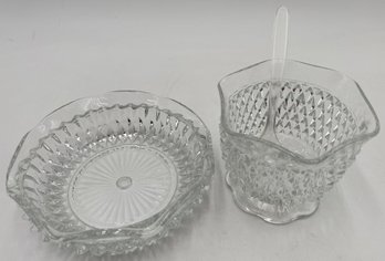 Vintage Pressed Glass Candy Jar & Jelly Jar With Plastic Spoon - (K)