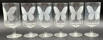 Vintage Stemmed Goblets Etched With Butterflies - (K11)