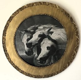 Vintage Horse Picture In Round Wood Frame - (FR)