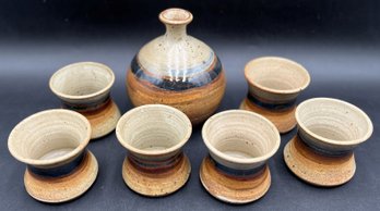 Pottery Decanter And Sake Cups - (K12)