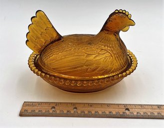 Vintage Indiana Glass Amber Nesting Hen Covered Candy Dish G1