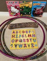 Childrens Toy Bundle: Hula Hoops , Leap Frog Alphabet Puzzle, Wood Rainstick & Coloring Books - (PR)