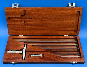Brown & Sharpe 0-12 Micrometer Depth Gage 4' Base In Wood Case - (T11)