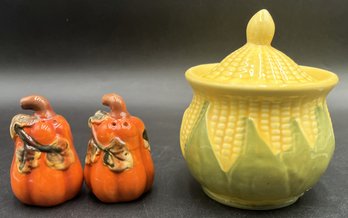 Vintage Painted Corn Bowl With Lid & Salt & Pepper Shakers - (P)