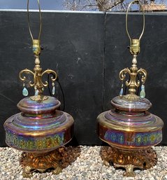 Set Of 2 Vintage Glass  Brass Table Lamps- (S)