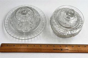 2 Lidded Pressed Glass Containers Embossed With Grape Pattern G15
