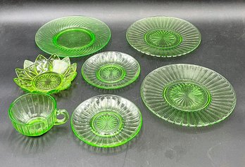 Lot Of 7 Green Depression Glass Items