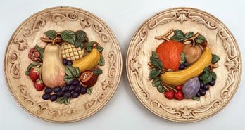 2 Vintage Hand Painted 3D Ceramic YOZIE Mold 1979 FRUIT Wall Plates G27
