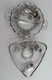 2 Vintage MCM Silver City Flanders Glassware Trinket Dishes With Sterling Silver Poppy Overlay G34