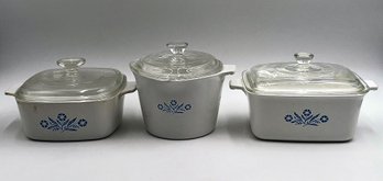 3 Vintage Corning Ware Blue Cornflower Lidded Casseroles P3