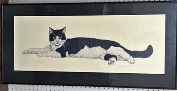 Vintage Tuxedo Cat Print Signed By Artist Jacque Marie Vaux - Metal Frame
