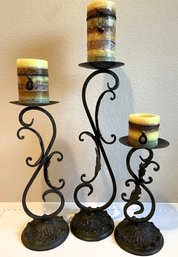 Set Of 3 Iron Scroll Candle Holders With Candles