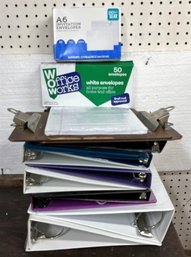 Lot Of 9 Three Ring Binders , 2 Clipboards, Paper & Envelopes