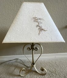 Small Ivory Metal Scroll Lamp With Pressed Leaf Shade