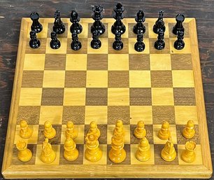 Vintage Wood Chessboard With Staunton Chessmen Varnished Boxwood - Made In France