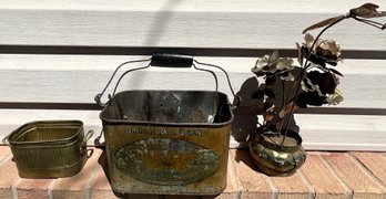 Vintage Dinner Pail Bear Tin With Brass Small Tin & Copper Flowers With Butterfly - (O)