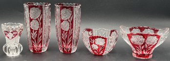 Vintage Lead Crystal Ruby Red & Clear Dish/Vase Bundle