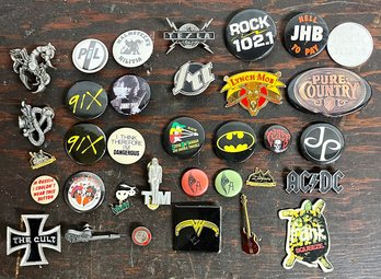 Collection Of Over 30 Rock & Roll Pins In Small Wicker Lidded Basket