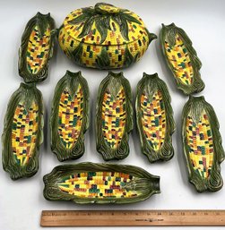 Vintage Hand Painted Ceramic Corn On The Cob Serving Dish And Individual Corn Holders D2