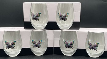 New In Box Stemless Wine Glasses With Butterflies