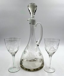 Vintage Etched Decanter With Matching Stemware D13