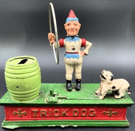 Vintage Cast Iron Mechanical Bank Trick Dog With Clown - (LR)