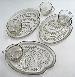 Set Of 3 Vintage Federal Glass Snack/Patio Set With Teacups