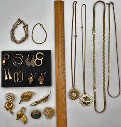 Costume Jewelry Bundle - Gold Tone Pieces And Vintage Clock Necklace J14