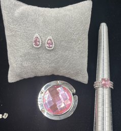 Sparkly Pink Stone Ring & Earrings And Purse Holder #19