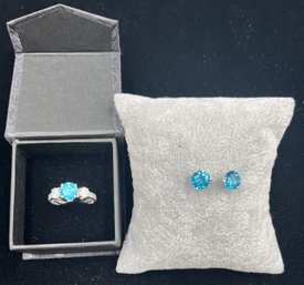 Blue Zircon Ring With Diamonds & Earrings In Sterling Silver Settings #34