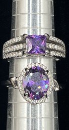 2 Small Diamonds & Amethyst Rings Set In Sterling Silver #35