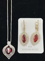 Fire Opal & Diamond Pendant On Sterling Silver Chain With New Earrings #41