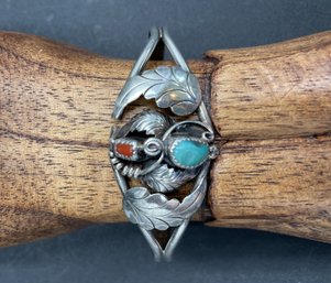 Beautiful Native American Sterling Silver Bracelet With Turquoise & Coral - J3 - (BR3)
